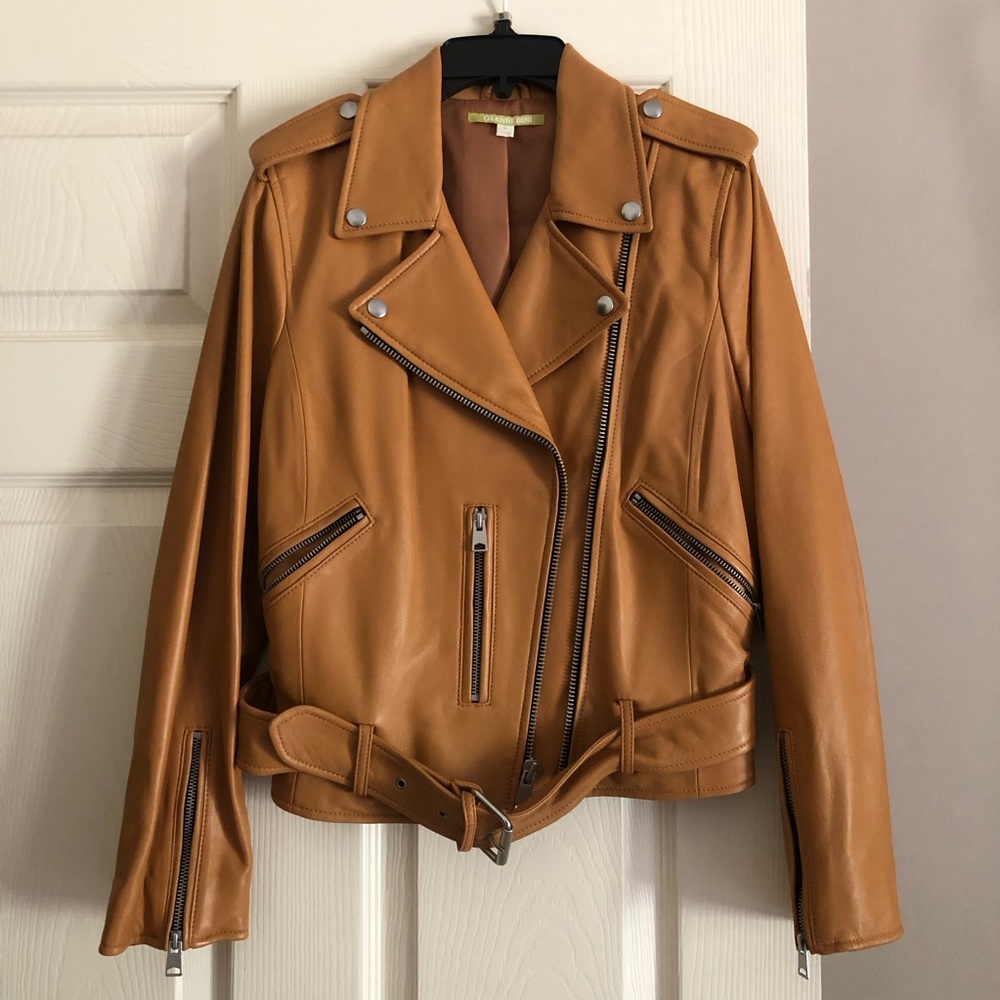 Gianni Bini Camel Leather Moto Jacket